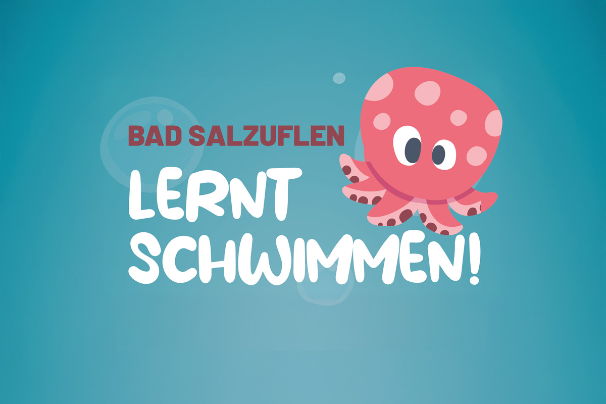 Bad Salzuflen lernt schwimmen! Grafik mit Oktopus und Luftblasen